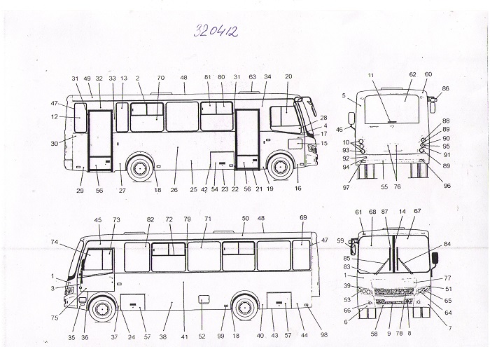 Схема стекол автобуса ПАЗ 320412